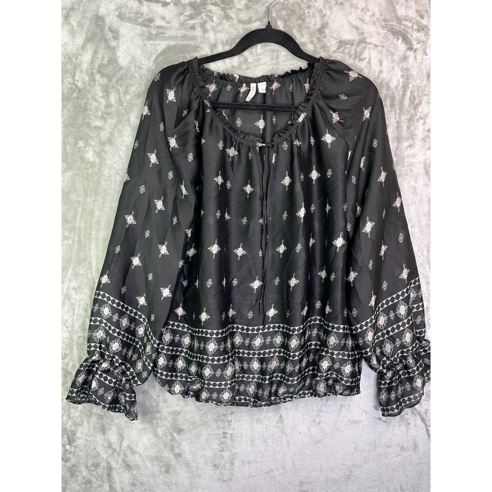 Cato Women's Large Black Boho Peasant Blouse Bell Sleeve Floral‎ Diamond Print